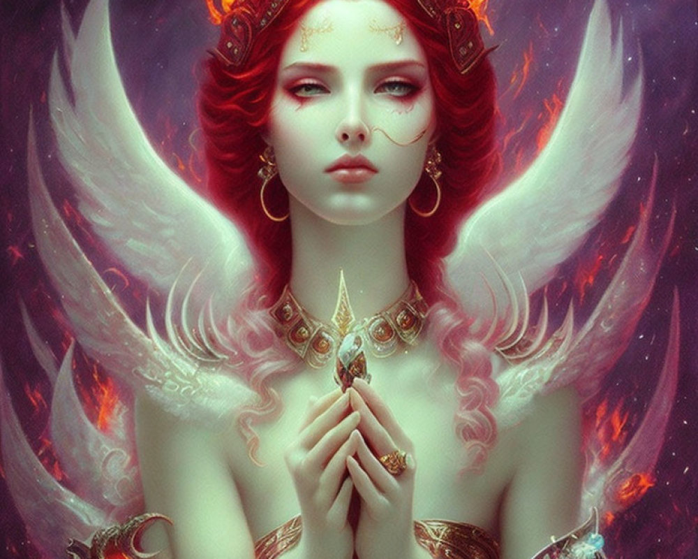 Red-haired woman with fiery effects, angelic wings, gold jewelry, and ethereal gaze