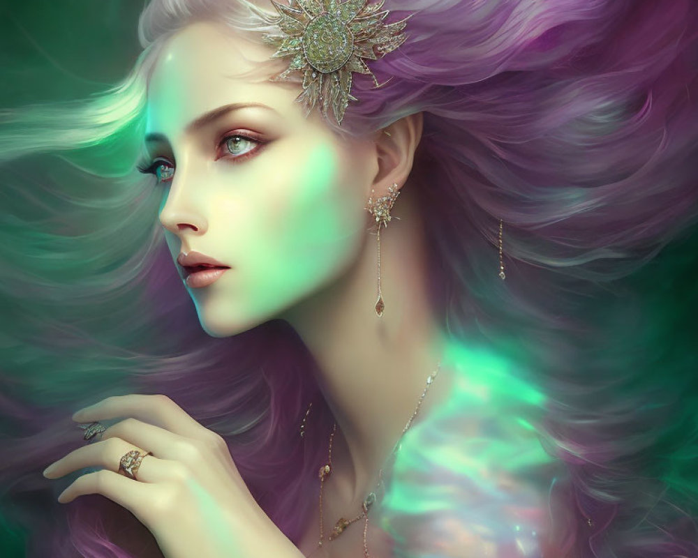 Portrait of woman with flowing purple hair and mystical green glow.