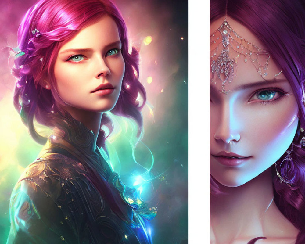 Colorful Fantasy Woman Portraits with Glowing Effects & Ornate Headpieces