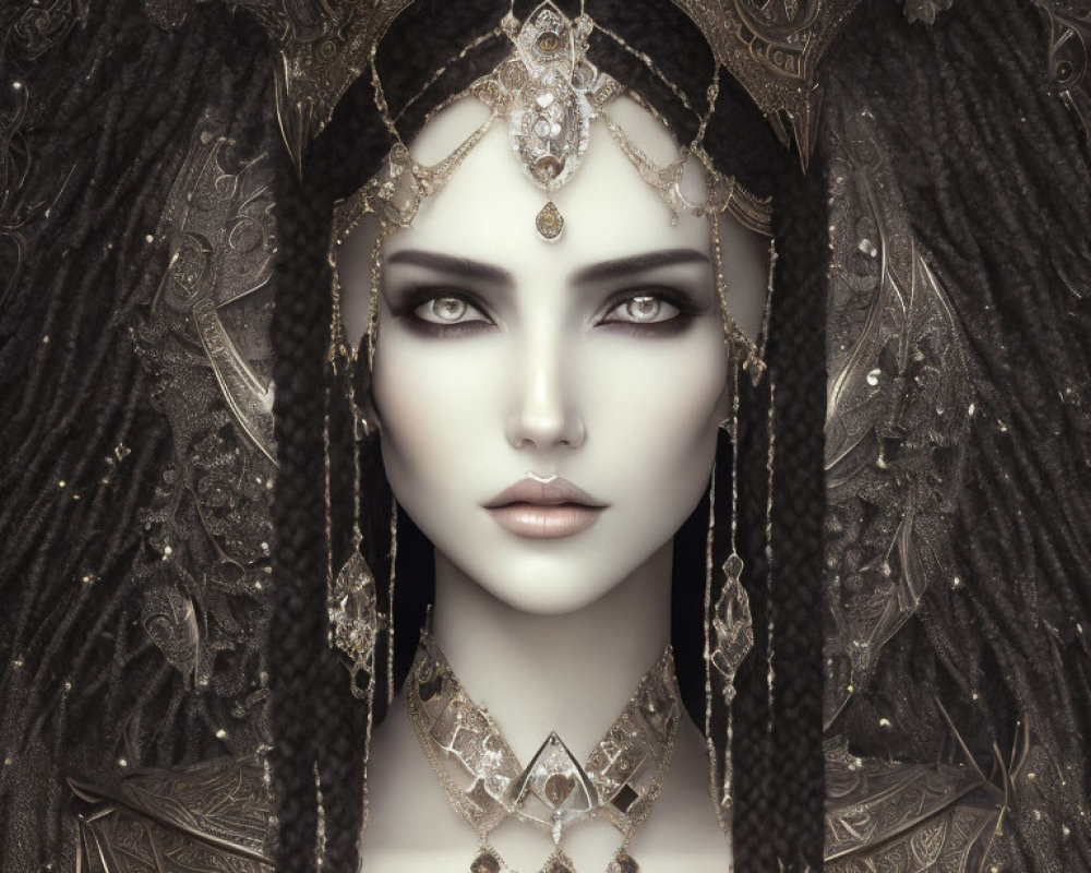 Monochromatic image of woman with intricate head jewelry and detailed headdress.