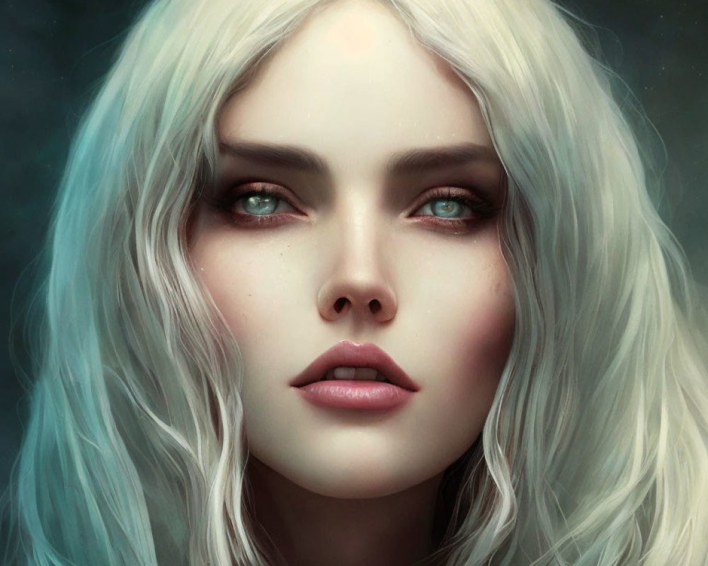 Digital portrait of woman with pale skin, green eyes, full lips, and long white hair