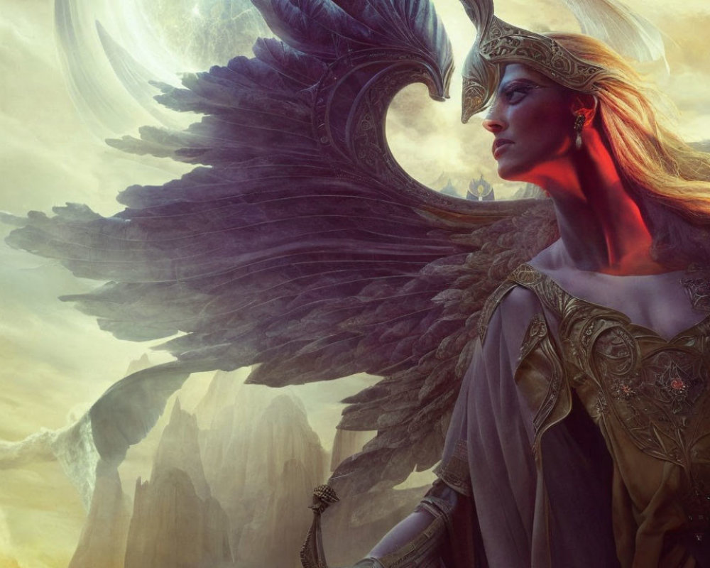 Regal woman with golden crown in fantastical landscape