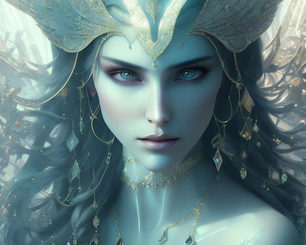 Mystical woman with blue eyes and golden headdress portrait.