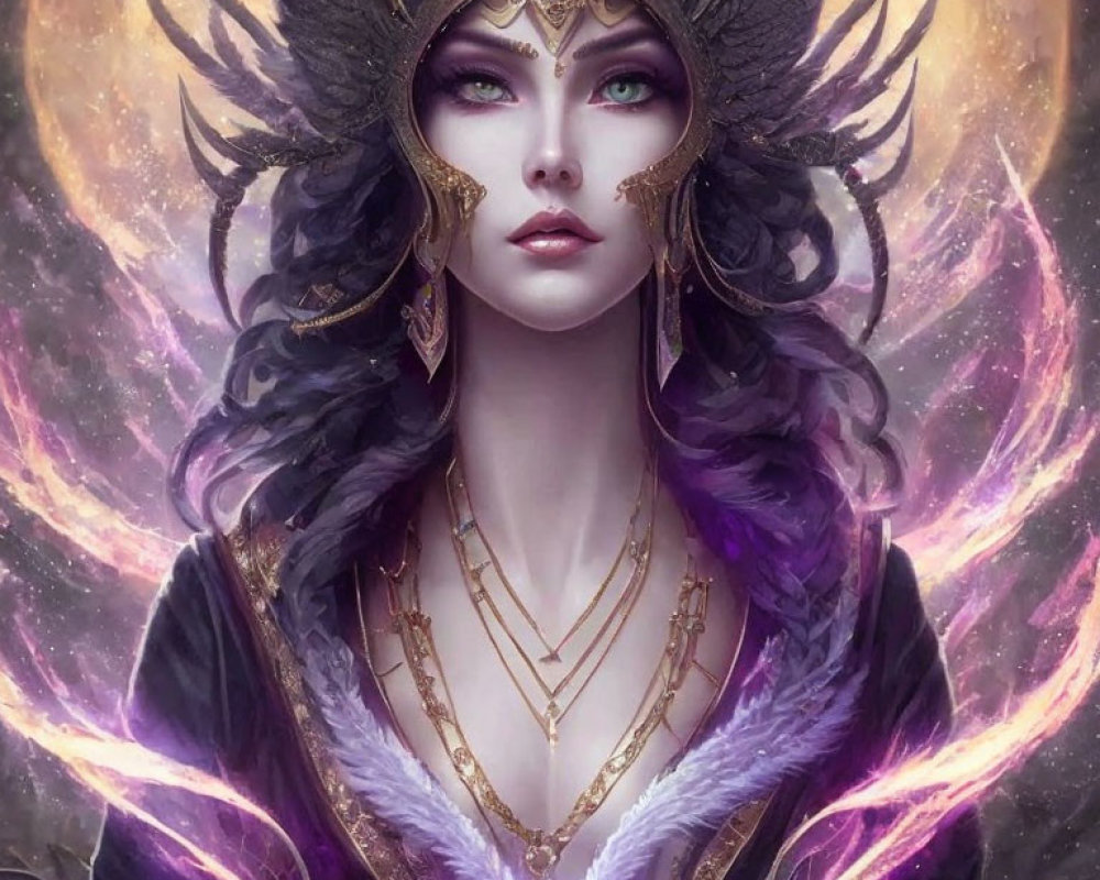 Fantasy Artwork: Woman in Purple and Gold Attire with Mystical Energy