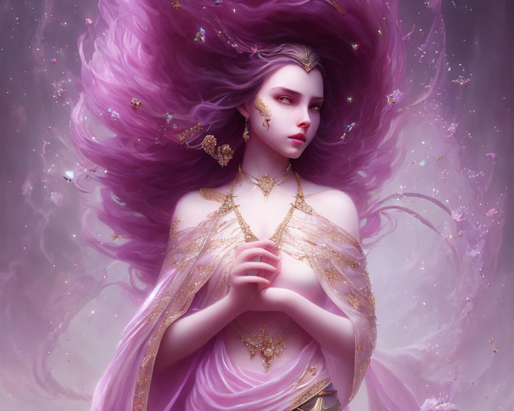 Mystical woman with purple hair and golden adornments in magical setting