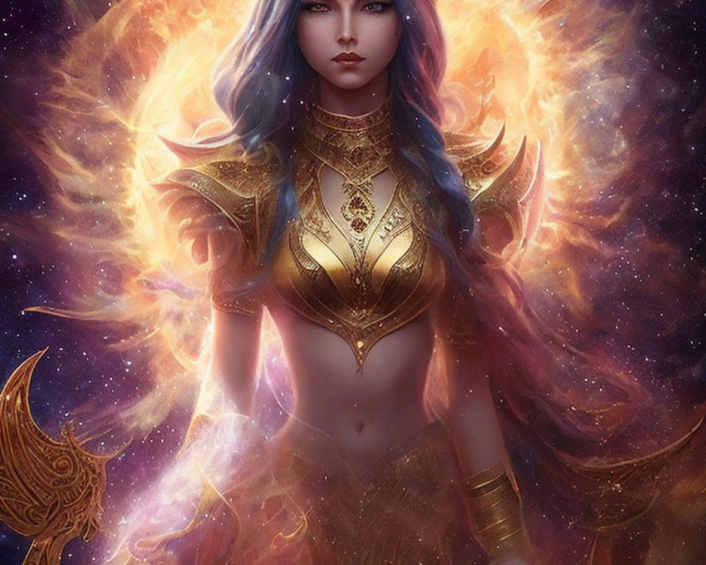 Blue-haired warrior woman in golden armor against cosmic backdrop