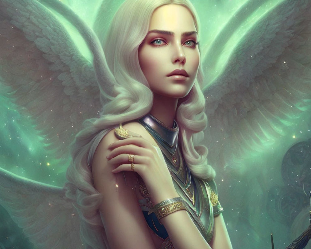 Ethereal woman with white wings and armor in celestial aura