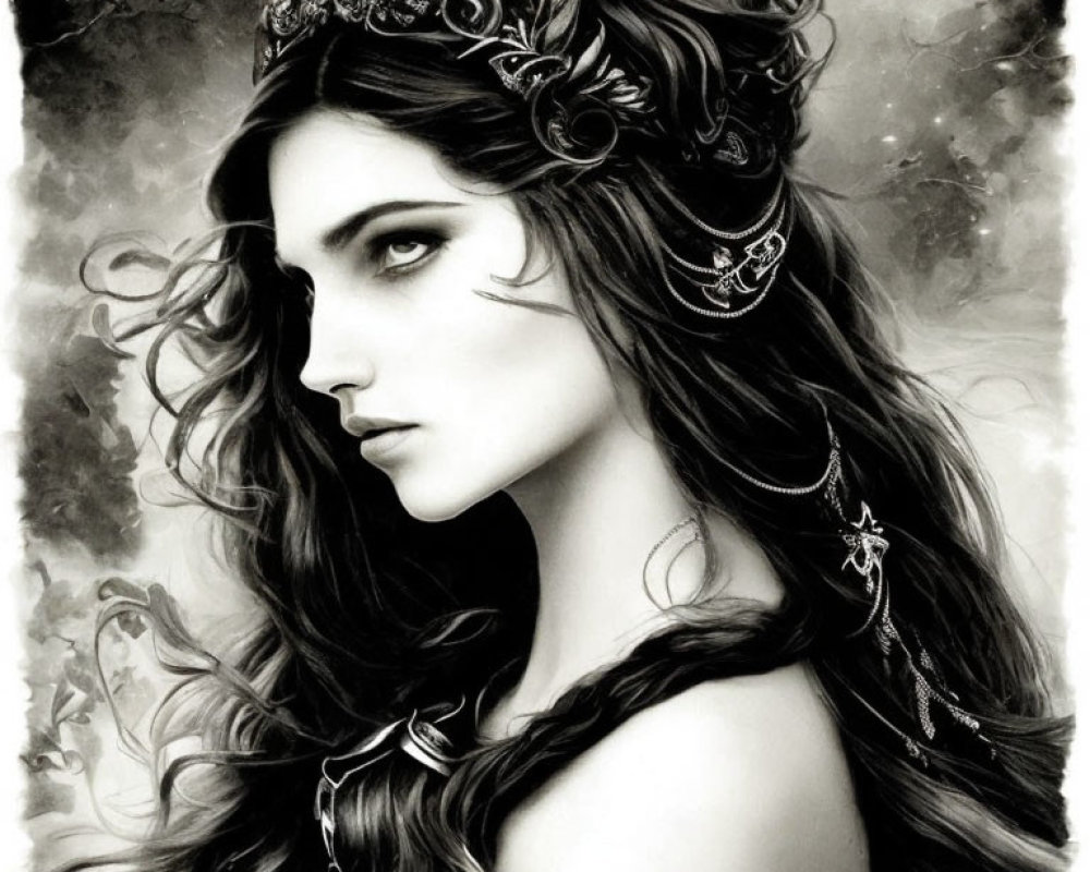 Monochrome artwork of a mystical woman with intricate headpiece