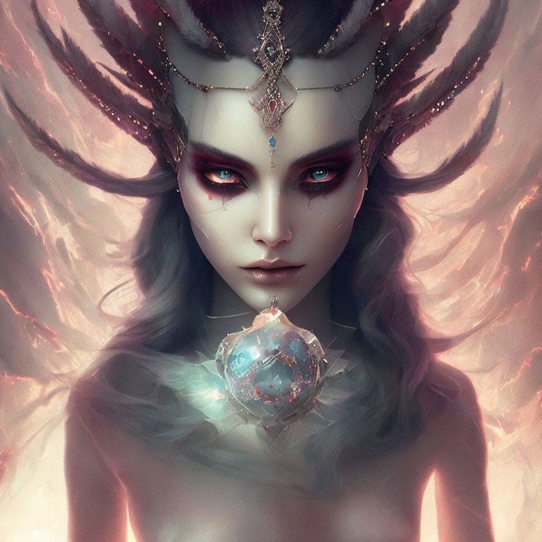 Fantastical portrait of female figure with red eyes and glowing orb in misty pink backdrop