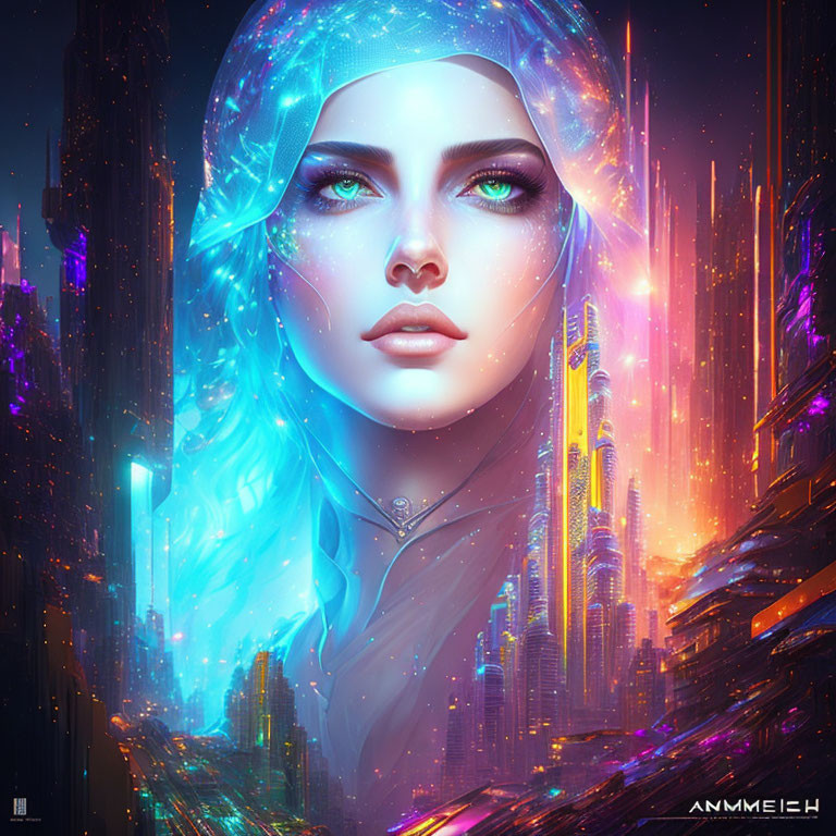 Digital Artwork: Woman with Blue Eyes & Cosmic Headdress in Neon Cityscape