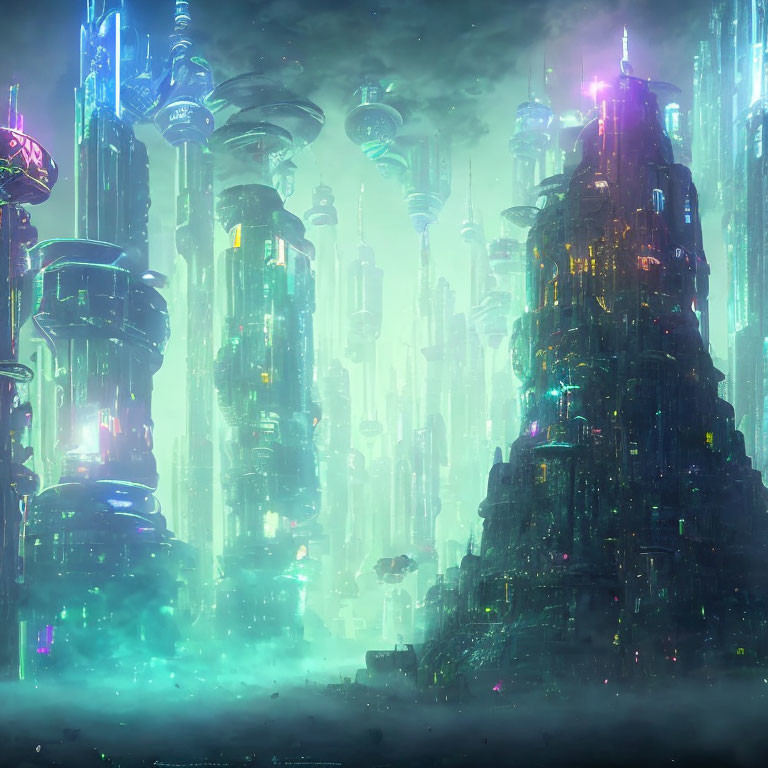 Futuristic cityscape with towering skyscrapers and neon lights in misty cyberpunk setting