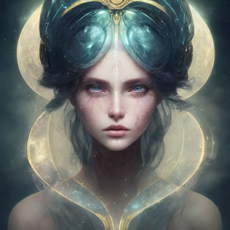 Fantasy Portrait of Woman with Celestial Headgear and Blue Eyes