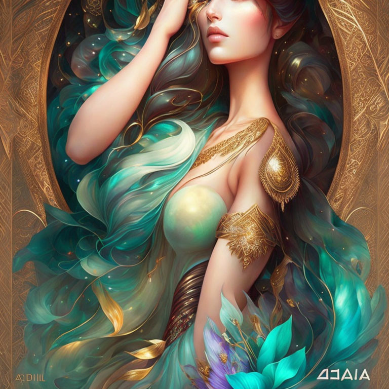Illustrated female figure with aqua hair and gold ornaments on golden background.