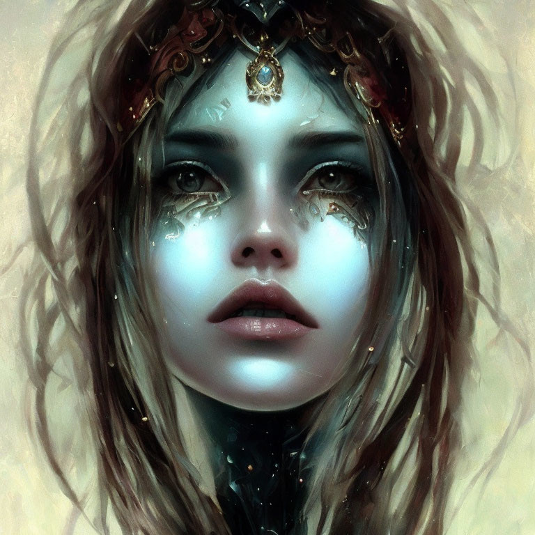 Ethereal fantasy portrait of a woman with jeweled forehead piece