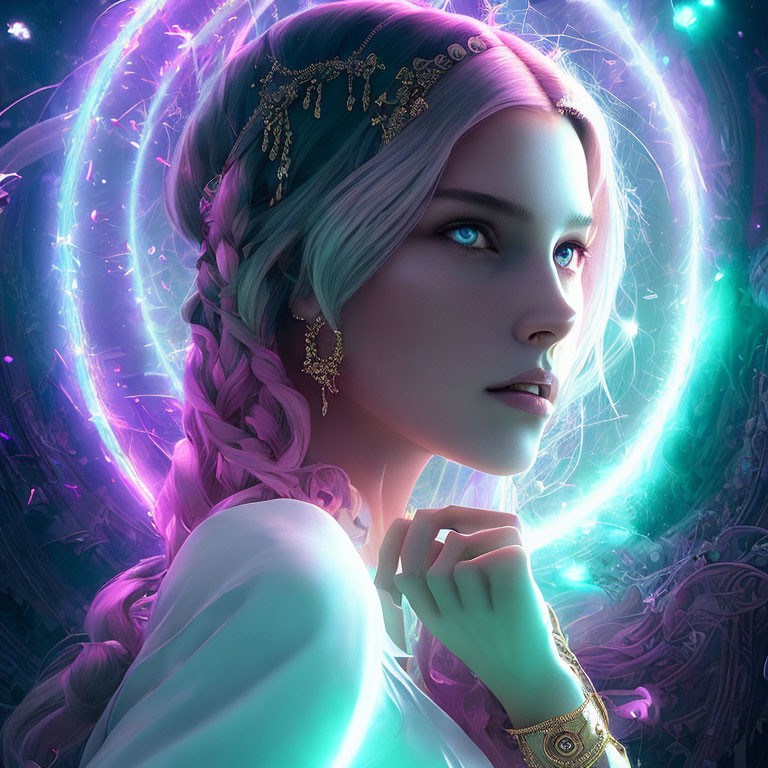 Fantasy female character with braided hair and gold jewelry in mystical digital art