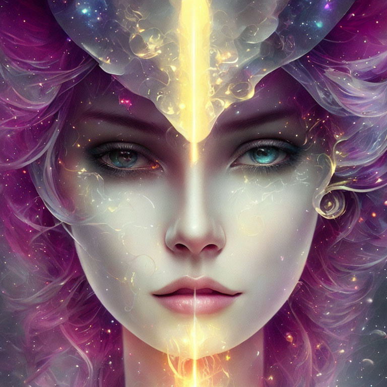 Vibrant purple hair and cosmic theme in portrait of a woman