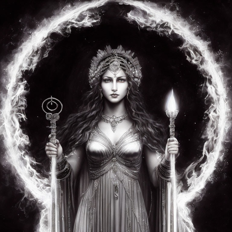 Monochrome image of majestic woman with crown, jewelry, scepter, flame, and swirling light halo
