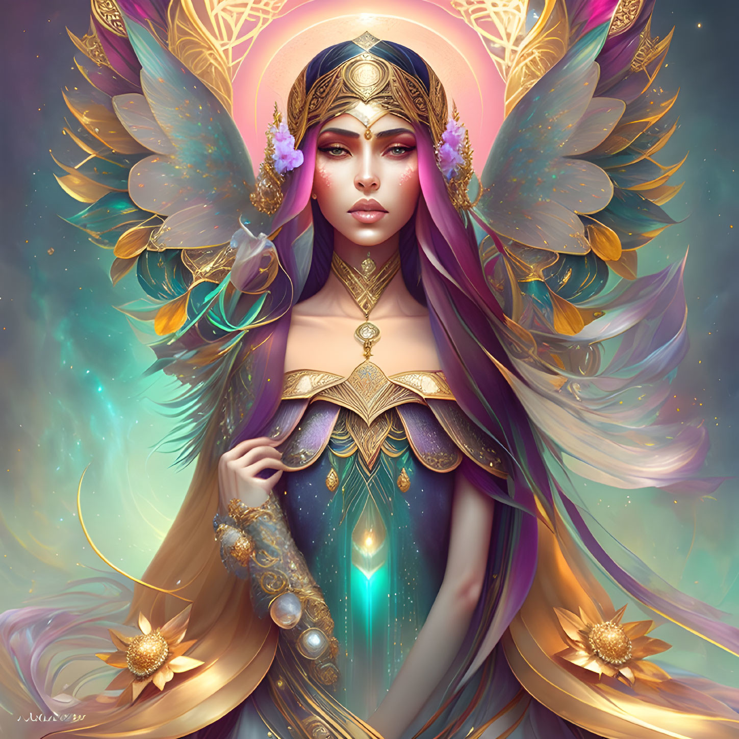 Fantasy-themed illustration of woman with purple hair and iridescent wings