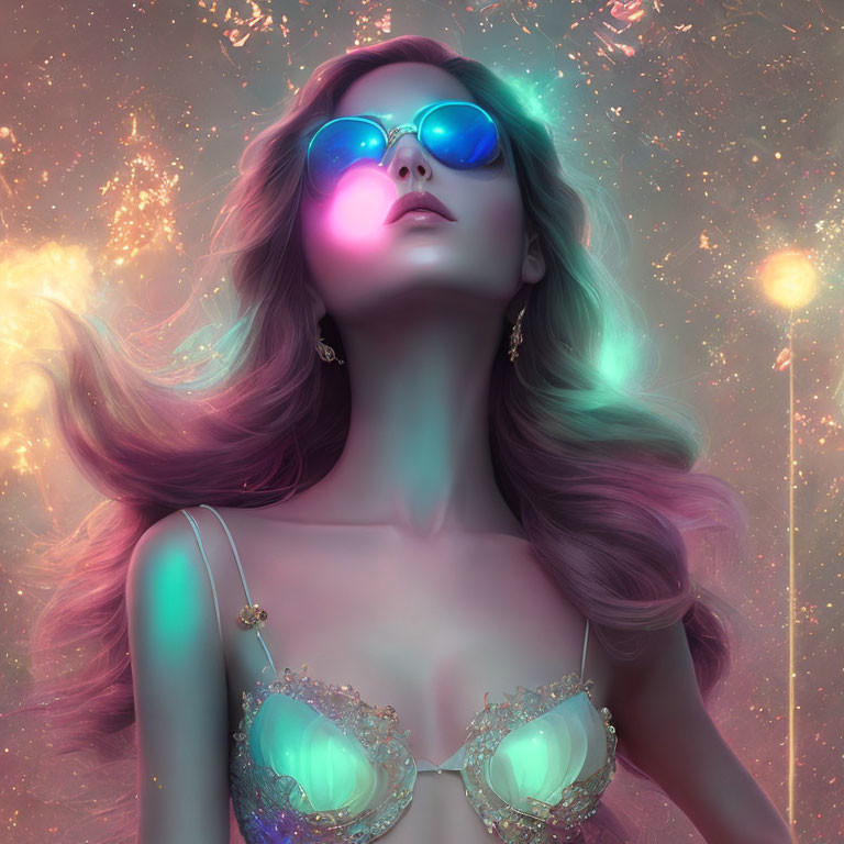 Flowing Hair Woman in Sunglasses Against Cosmic Background