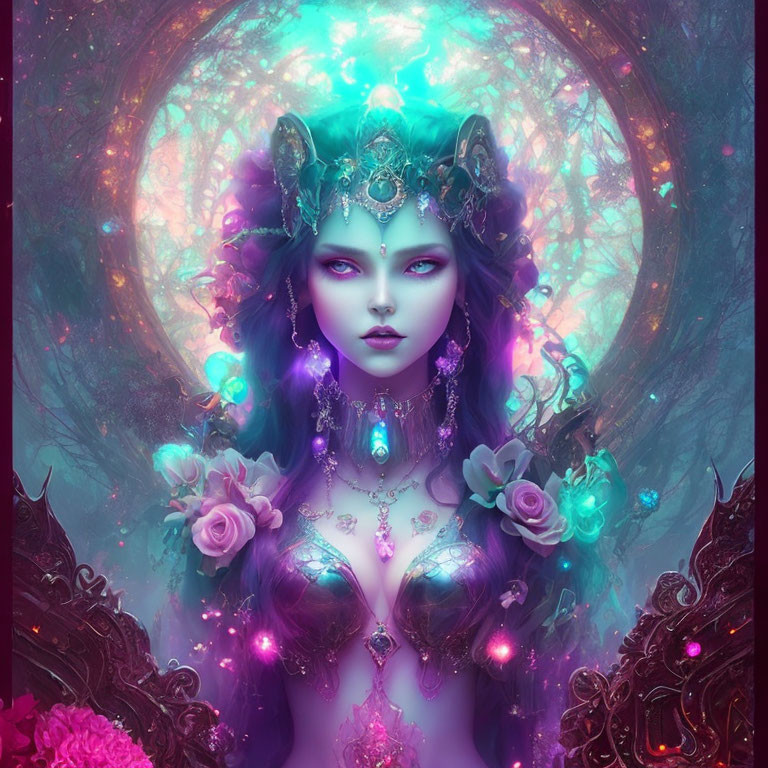 Ethereal fantasy woman with violet eyes and ornate headdress amidst mystical purple flora