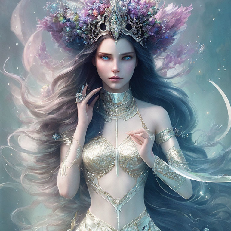 Ethereal woman with blue eyes in floral crown and golden jewelry
