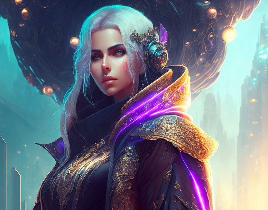 Futuristic woman with white hair in cybernetic earwear, purple cloak, neon cityscape