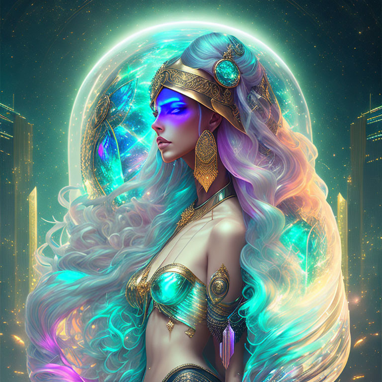Fantasy woman with long wavy hair and ornate headdress in cosmic skyscraper setting