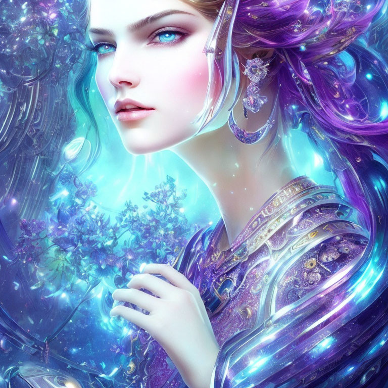 Fantasy digital art of female character with blue hair and glowing aura