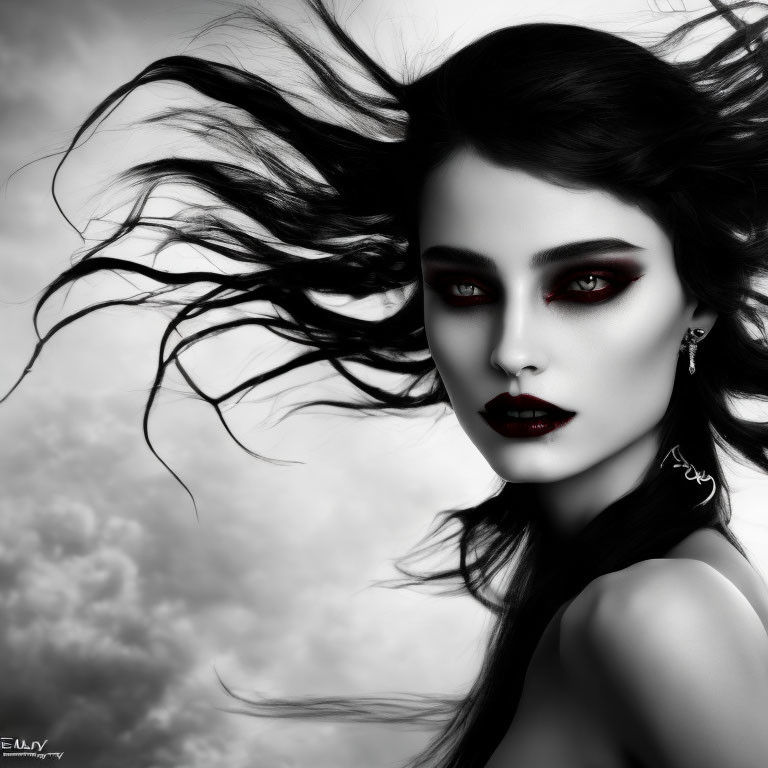 Monochrome portrait of woman with red eyes and lips on cloudy sky background