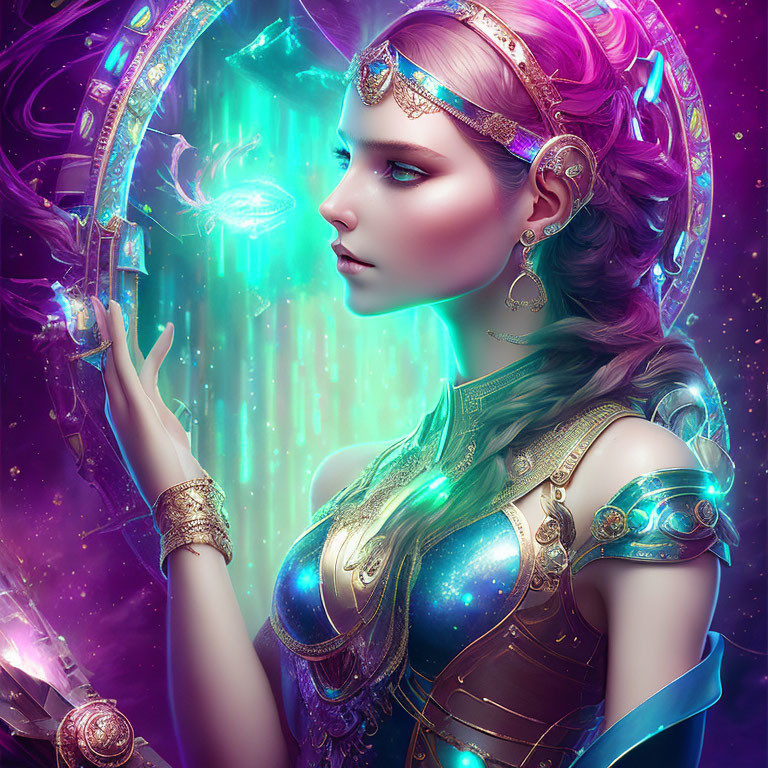 Ornately adorned female figure with glowing headpiece and ethereal energy on vibrant background