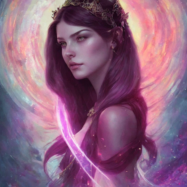 Digital artwork: Woman with purple hair and golden crown in vibrant pink and purple backdrop