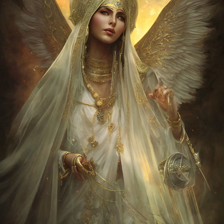 Ethereal figure in white garments with golden jewelry and luminescent wings