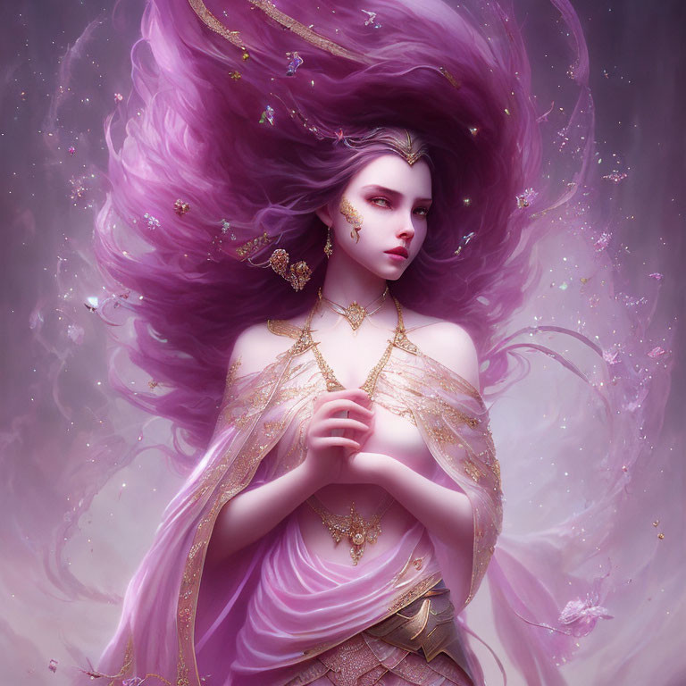 Mystical woman with purple hair and golden adornments in magical setting