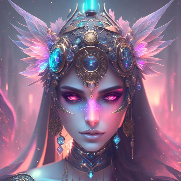 Illustrated female figure with glowing purple eyes and golden headdress on pink backdrop