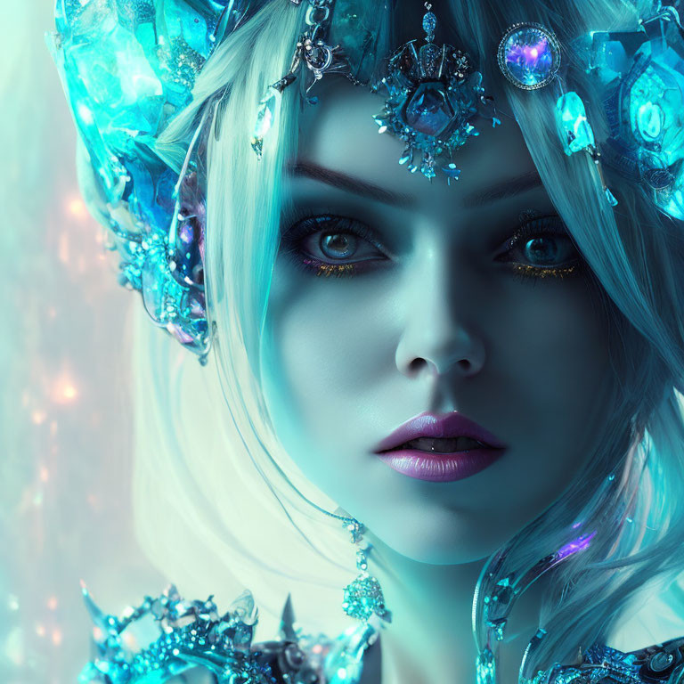 Woman with Blue Eyes Wearing Gemstone Crown in Cool Color Palette