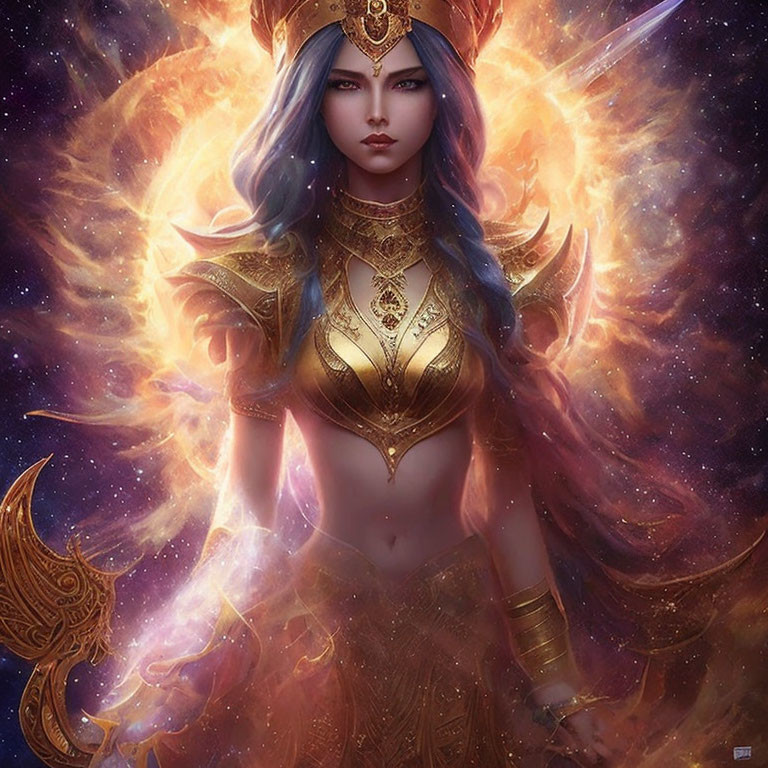 Blue-haired warrior woman in golden armor against cosmic backdrop