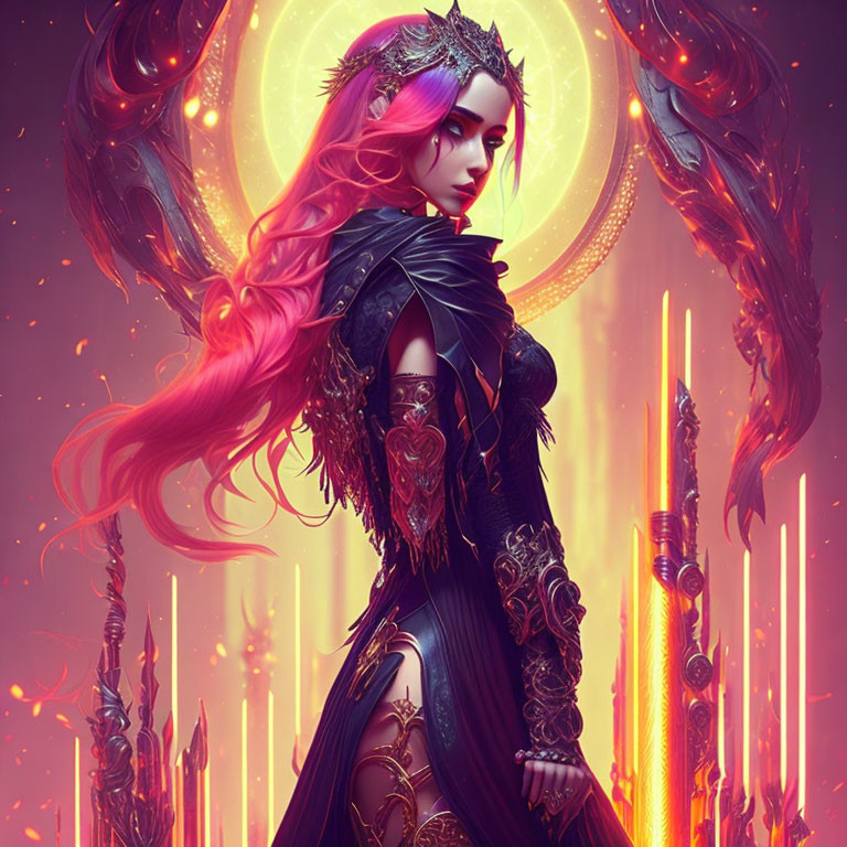Pink-haired female warrior in ornate black armor amidst glowing swords and celestial rings in mystical setting