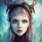 Fantasy portrait of woman with horns and ornate headdress on frosty blue background