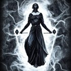 Ethereal women in dark dresses with sword in mystical circle