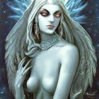 Ethereal fantasy figure with white hair and angelic wings in cosmic setting
