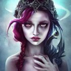 Fantasy portrait of woman with purple hair, crown, jeweled pendant, ethereal makeup.