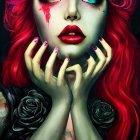 Vibrant red hair and lips with silver rings and nail art on dark background