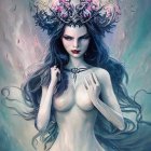Ethereal woman with blue eyes in floral crown and golden jewelry