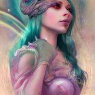 Illustrated portrait of woman with turquoise hair, floral adornments, starry skin, and ethereal