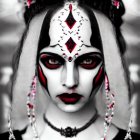 Intricate Black and White Face Makeup with Red Accents and Headpiece