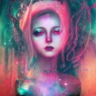 Vibrant digital artwork: woman with pink hair and blue eyes in neon flora.