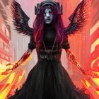 Fantasy digital artwork: Female character with purple hair, angelic wings, fiery swords, and flaming