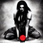 Monochrome gothic woman with dark makeup and tattoos holding red crystal ball under moon