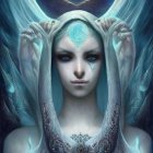 Digital Artwork: Woman with Striking Blue Eyes and Ethereal Headpiece