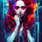 Fantasy Portrait of Woman with Purple and Red Hair, Futuristic Accessories